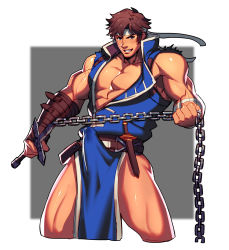 Rule 34 | 1boy, abs, bandages, bara, bare pectorals, belt, blue eyes, blush, brown hair, bulge, castlevania (series), chain, cropped legs, cum, cum in clothes, cum through clothes, erection, erection under clothes, facial hair, headband, highres, holding, holding weapon, jacket, large pectorals, lvlv, male focus, muscular, open clothes, open jacket, pectorals, pelvic curtain, richter belmont, short hair, sideburns, sleeveless, solo, stubble, thick thighs, thighs, torn clothes, weapon, whip