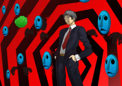 Rule 34 | 1boy, adachi tooru, atlus, black hair, cabbage, derivative work, fate/stay night, fate (series), formal, gate of babylon (fate), image sample, male focus, mask, md5 mismatch, necktie, orendi, parody, persona, persona 4, pixiv sample, resolution mismatch, short hair, solo, source larger, suit