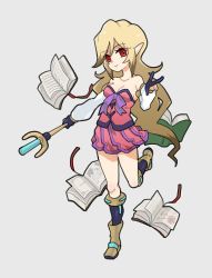 Rule 34 | 1girl, bare shoulders, blonde hair, book, breasts, closed mouth, detached sleeves, dress, esper (saga 2), full body, gloves, hcsb, highres, long hair, looking at viewer, pointy ears, red eyes, saga, saga 2, simple background, skirt, smile, solo, staff, star (symbol), v