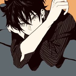 Rule 34 | 1boy, black hair, black shirt, commentary request, covered mouth, crossed arms, crossed bangs, doromame, grey eyes, hands up, long sleeves, looking at viewer, male focus, nakiri asahi, orange background, pale skin, shirt, shokugeki no souma, sleeves past elbows, solo, striped clothes, striped shirt, upper body, vertical-striped clothes, vertical-striped shirt