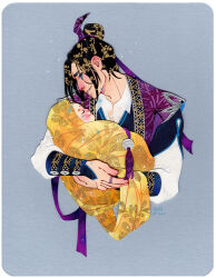 Rule 34 | 2boys, artist name, baby, bindi, black hair, bracer, chinese clothes, cropped torso, crying, crying with eyes open, family, floral print, grey background, hair bun, hair ribbon, hanfu, holding, holding baby, jewelry, jiang cheng, jin ling, long hair, long sleeves, male focus, modao zushi, multiple boys, paper cutout (medium), papercraft (medium), print hair, print robe, purple hanfu, purple ribbon, purple robe, ribbon, ribboned xiao guan, ring, robe, rounded corners, shirt, simple background, single hair bun, smile, tears, uncle and nephew, unconventional media, white shirt, xiao guan (headdress), yellow blanket, yutaan