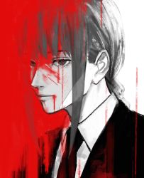 Rule 34 | 1girl, black jacket, black necktie, blood, blood on face, braid, braided ponytail, chainsaw man, collared shirt, formal, grey hair, greyscale, highres, jacket, limited palette, long hair, looking at viewer, makima (chainsaw man), monochrome, necktie, raberu ruru, red hair, red theme, ringed eyes, shirt, sidelocks, simple background, solo, suit, white background, white shirt