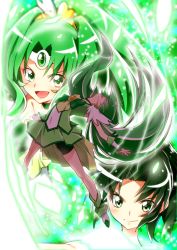 Rule 34 | 3girls, :d, arched back, bike shorts, bow, choker, circlet, cure march, green background, green bow, green eyes, green hair, green neckwear, green shorts, green skirt, green theme, henshin, long hair, looking at viewer, magical girl, midorikawa nao, multiple girls, multiple persona, open mouth, ponytail, precure, shoes, short hair, shorts, shorts under skirt, skirt, smile, smile precure!, white footwear, yuto (dialique)