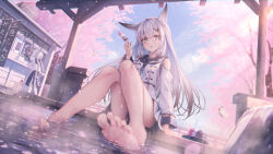 Rule 34 | 3girls, :o, amane utata, animal ears, arm support, bare legs, barefoot, blue skirt, blush, braid, brown eyes, bug, butterfly, cherry blossoms, clothing cutout, dango, feet, food, full body, grey hair, hair between eyes, hair ornament, highres, holding, holding food, insect, long hair, long sleeves, looking at viewer, market stall, multiple girls, necktie, open mouth, original, outdoors, petals, pleated skirt, sailor collar, shirt, short hair, shoulder cutout, sitting, skirt, soaking feet, solo focus, standing, tree, twin braids, wagashi, white hair, white shirt, x hair ornament
