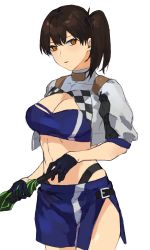 Rule 34 | 1girl, bad id, bad twitter id, bandeau, black gloves, blue bandeau, blue skirt, breasts, brown eyes, brown hair, cleavage, cosplay, cowboy shot, cropped jacket, fukazaki, gloves, gotland (kancolle), gotland (kancolle) (cosplay), highres, jacket, kaga (kancolle), kantai collection, large breasts, long hair, looking at viewer, miniskirt, race queen, side ponytail, simple background, skirt, solo, white background, white jacket