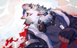 Rule 34 | 1boy, arknights, black gloves, black shirt, blood, blood on clothes, blood on hands, blue eyes, blue hair, broken collar, commentary, dog tags, earrings, fingerless gloves, furry, furry male, gloves, hand on own stomach, highres, hyena boy, injury, jewelry, male focus, p7ywirzyw8lesuc, shirt, solo, spot (arknights), symbol-only commentary, the end (phrase)