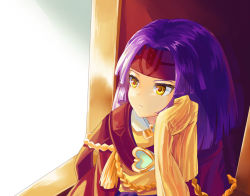 Rule 34 | 1girl, chair, closed mouth, expressionless, fire emblem, fire emblem: path of radiance, hand on own face, headband, long sleeves, looking away, medium hair, nintendo, purple hair, red headband, sanaki kirsch altina, sitting, sleeves past fingers, sleeves past wrists, solo, unigon (kitsutsuki), upper body, yellow eyes