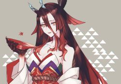 Rule 34 | 1girl, brown hair, claws, cup, fate/grand order, fate (series), holding, holding cup, horns, japanese clothes, katagiri (mighty swing), kijo kouyou (fate), kijo kouyou (third ascension) (fate), kimono, looking at viewer, multicolored hair, oni, oni horns, sakazuki, smile, solo, yellow eyes