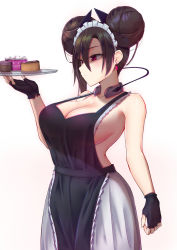 Rule 34 | 1girl, agent (girls&#039; frontline), apron, bare shoulders, black gloves, breasts, brown hair, cake, cleavage, collarbone, double bun, fingerless gloves, food, girls&#039; frontline, gloves, hair between eyes, highres, large breasts, looking away, maid headdress, pao mian+dan, red eyes, sangvis ferri, short hair, sideboob, simple background, solo, white background