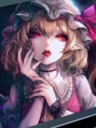 Rule 34 | + +, 1girl, blonde hair, blurry, blurry background, choker, depth of field, fangs, fingernails, flandre scarlet, frilled shirt collar, frills, hair between eyes, half-closed eyes, hands up, hat, highres, kyogoku-uru, lips, looking at viewer, mob cap, nail polish, portrait, red eyes, red nails, solo, tongue, tongue out, touhou, vampire