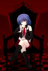 Rule 34 | 1girl, alternate costume, amicis, boots, chair, head rest, detached sleeves, female focus, fingernails, full body, highres, crossed legs, red eyes, remilia scarlet, sitting, solo, touhou