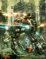 Rule 34 | alexander iglesias, battle, battletech, board game cover, car, city, clan wolf, damaged, fire, firing, fire, highres, lamppost, laser, last stand, mad cat (battletech), mecha, missile, missile pod, missing limb, motor vehicle, outdoors, robot, ruins, science fiction, wreckage