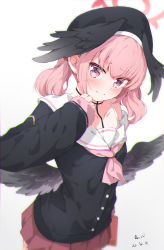 Rule 34 | 1girl, absurdres, anno (yukikaze 08), beret, black feathers, black hat, black shirt, black wings, blue archive, blush, collarbone, feathered wings, feathers, halo, hat, head wings, highres, koharu (blue archive), long hair, long sleeves, looking at viewer, low wings, neckerchief, off shoulder, pink eyes, pink hair, pink neckerchief, pleated skirt, purple skirt, sailor collar, shirt, skirt, solo, twintails, white sailor collar, wings