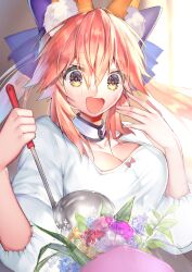 Rule 34 | 1girl, absurdres, animal ear fluff, animal ears, blue bow, bouquet, bow, breasts, cleavage, collarbone, detached collar, fate/extra, fate/grand order, fate (series), flower, fox ears, fox girl, fox tail, hair between eyes, hair bow, highres, ladle, large breasts, leaf, long hair, long sleeves, mogullaz, open mouth, pink hair, shirt, short hair, sidelocks, smile, solo, tail, tamamo (fate), tamamo no mae (fate/extra), twintails, white shirt, yellow eyes