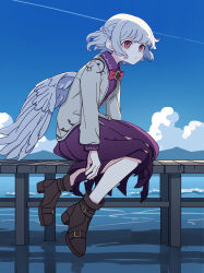Rule 34 | 1girl, absurdres, blush stickers, braid, brown footwear, closed mouth, collared dress, dress, feathered wings, full body, grey hair, grey jacket, highres, jacket, kame (kamepan44231), kishin sagume, open clothes, open jacket, purple dress, red eyes, shoes, short hair, single wing, sitting, solo, touhou, white wings, wings