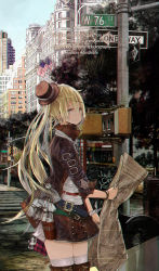 Rule 34 | 1girl, absurdres, american flag, bad id, bad pixiv id, belt, blonde hair, boots, bracelet, brown footwear, chromatic aberration, cross-laced footwear, earrings, english text, hat, highres, hiro j, jacket, jewelry, lace-up boots, leather, leather jacket, long hair, mini hat, mini top hat, miniskirt, new york, newspaper, original, photo-referenced, plaid, real world location, road, scenery, skirt, smile, solo, standing, street, thigh boots, thighhighs, top hat, turning head, twintails, united states, yellow eyes