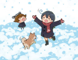 Rule 34 | 2girls, ahoge, arms up, black hair, blush stickers, boots, brown hair, coat, dog, closed eyes, full body, headgear, kantai collection, long hair, long sleeves, mittens, multiple girls, open mouth, saiguchi otoufu, scarf, short hair, smile, snow, snowing, standing, ushio (kancolle), winter clothes, winter coat, yukikaze (kancolle)