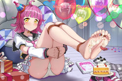 Rule 34 | 1girl, animal print, arm warmers, artist name, artist request, balloon, bare legs, barefoot, belt, birthday, black sailor collar, blunt bangs, blush, box, breasts, brown eyes, cake, cat print, cat tail, chair, checkered clothes, checkered skirt, collarbone, crown print, dokipipo emotion, dokipipo emotion (love live!), drawing, feet, female focus, fingers together, flat chest, food, full body, gift, gift box, hair ornament, happy birthday, hat, heart, heart (symbol), heart balloon, heart print, highres, indoors, knees up, legs up, looking at viewer, love live!, love live! nijigasaki high school idol club, love live! school idol festival, miniskirt, neckerchief, necktie, notebook, own hands together, panties, paper, parted lips, party hat, pink belt, pink footwear, pink hair, pink neckerchief, pink necktie, plaid, plaid skirt, plate, pleated, pleated skirt, puffy short sleeves, puffy sleeves, sailor collar, shirt, shoes, short hair, short sleeves, sketchbook, skirt, small breasts, smile, solo, star (symbol), star print, striped legwear, striped sleeves, suspenders, tail, tennoji rina, underwear, unworn legwear, unworn shoes, white panties, white shirt, white skirt, yellow eyes