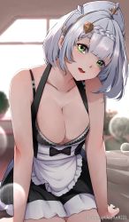 Rule 34 | 1girl, alternate breast size, apron, bare arms, bare shoulders, black bow, blunt bangs, bow, bra strap, braid, breasts, cleavage, collarbone, dress, genshin impact, green eyes, head tilt, highres, large breasts, looking at viewer, maid, maid apron, noelle (genshin impact), open mouth, ozzyart 0221, short hair, silver hair, sitting, sleeveless, sleeveless dress, smile, solo, twitter username
