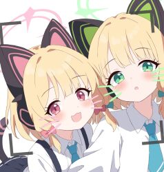 Rule 34 | 2girls, :d, :o, animal ear headphones, animal ears, blonde hair, blue archive, blue bow, blue necktie, blush, bow, cat ear headphones, collared shirt, drawn whiskers, fake animal ears, green eyes, hair bow, halo, headphones, highres, looking at viewer, medium hair, midori (blue archive), momoi (blue archive), multiple girls, necktie, open mouth, pink bow, pink eyes, portrait, school uniform, shirt, siblings, side-by-side, simple background, sisters, smile, viewfinder, white background, white shirt, yukisiannn