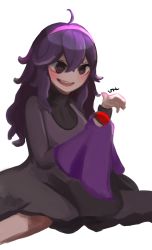 Rule 34 | 1girl, @ @, absurdres, ahoge, blush, breasts, creatures (company), dress, game freak, hair between eyes, hairband, hex maniac (pokemon), highres, large breasts, long hair, messy hair, nintendo, nokotchi, open mouth, poke ball, poke ball (basic), pokemon, pokemon xy, purple eyes, purple hair, purple hairband, signature, simple background, sitting, smile, solo, teeth, upper teeth only, very long hair, wariza, white background