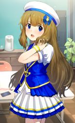 Rule 34 | 1girl, :d, absurdres, alternate hair length, alternate hairstyle, beret, blue eyes, blue vest, blush, brown hair, cellphone, chair, comb, commentary request, grateful blue (idolmaster), hair between eyes, hair ornament, hand in own hair, hand up, hat, head tilt, highres, idolmaster, idolmaster million live!, idolmaster million live! theater days, indoors, long hair, looking at viewer, open mouth, phone, pleated skirt, puffy short sleeves, puffy sleeves, shirt, short sleeves, skirt, smartphone, smile, solo, suou momoko, suzuki puramo, table, very long hair, vest, water boiler, white hat, white shirt, white skirt, wristband