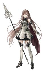 Rule 34 | 1girl, absurdres, bare shoulders, black skirt, black thighhighs, blue eyes, brown hair, capelet, elbow gloves, gloves, highres, holding, holding polearm, holding spear, holding weapon, long hair, original, parted lips, polearm, red capelet, senano-yu, simple background, skirt, solo, spear, standing, thighhighs, weapon, white background, white gloves, white thighhighs
