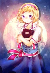Rule 34 | 1girl, alice margatroid, blonde hair, blue eyes, book, hugging book, capelet, cowboy shot, dress, full moon, hairband, highres, holding, holding book, junna (minon1), lolita hairband, looking at viewer, moon, multicolored background, hugging object, parted lips, ribbon, sash, shadow, short hair, solo, touhou