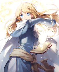 Rule 34 | 1boy, androgynous, blonde hair, blue dress, blue eyes, book, cape, dress, fire emblem, fire emblem: the blazing blade, floating hair, hijiri (resetter), holding, long hair, long sleeves, lucius (fire emblem), magic, male focus, nintendo, open book, open mouth, solo, standing, trap, v-shaped eyebrows, white background, white cape