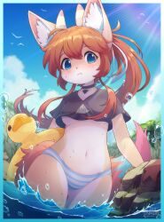 Rule 34 | 1girl, absurdres, animal ears, araunia, blue eyes, breasts, brown hair, commission, furry, furry female, highres, holding, holding swim ring, innertube, navel, original, small breasts, solo, swim ring, tail, underboob, water