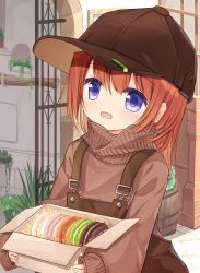 Rule 34 | 1girl, :d, baseball cap, blue eyes, blush, box, brown hair, brown hat, brown sweater, commentary request, hair between eyes, hat, holding, holding box, long hair, long sleeves, looking at viewer, open mouth, original, overalls, pastry box, puffy long sleeves, puffy sleeves, red girl (yuuhagi (amaretto-no-natsu)), sidelocks, sleeves past wrists, smile, solo, sweater, turtleneck, turtleneck sweater, yuuhagi (amaretto-no-natsu)