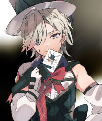 Rule 34 | 1boy, androgynous, black background, black corset, black hat, blonde hair, bow, cape, card, corset, detached sleeves, genshin impact, hat, holding, holding card, lyney (genshin impact), male focus, medium hair, multicolored background, playing card, purple cape, purple eyes, red bow, satorigame, shirt, solo, top hat, white background, white shirt