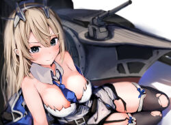 Rule 34 | 1girl, absurdres, anti-aircraft, anti-aircraft gun, between breasts, black thighhighs, blue eyes, blue necktie, breasts, capelet, detached collar, dress, grey dress, hair down, headgear, highres, kantai collection, large breasts, light brown hair, long hair, low twintails, maryland (kancolle), mok4suke, necktie, necktie between breasts, rigging, sleeveless, solo, strapless, strapless dress, thighhighs, torn capelet, torn clothes, torn dress, torn thighhighs, twintails