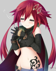 Rule 34 | 10s, 1girl, bad id, bad pixiv id, bare shoulders, blush, closed eyes, female focus, four goddesses online: cyber dimension neptune, hair ornament, hairclip, interlocked fingers, keenh, long hair, navel, neptune (series), own hands together, red hair, smile, solo, tattoo, tennouboshi uzume, twintails