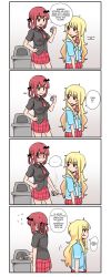 Rule 34 | 2girls, 4koma, :3, :d, ahoge, animal hair ornament, bat hair ornament, black skirt, blonde hair, blue eyes, blunt bangs, bow, bowtie, breasts, can, collared shirt, comic, cowboy shot, cross print, dress shirt, english text, gabriel dropout, gabriel tenma white, hair ornament, hair rings, hand on own hip, highres, holding, holding can, hood, hood down, hooded jacket, ivlice, jacket, jitome, long hair, looking at another, multiple girls, necktie, open mouth, pink bow, pink bowtie, plaid, plaid skirt, pleated, pleated skirt, purple eyes, red hair, red necktie, red skirt, satanichia kurumizawa mcdowell, school uniform, shirt, short hair, short sleeves, sidelocks, skirt, smile, standing, sweat, track jacket, trash can, very long hair, white shirt, wing collar