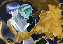 Rule 34 | 2others, androgynous, aqua hair, blue eyes, blue hair, blunt bangs, colored skin, crystal hair, dual persona, eyes visible through hair, gem uniform (houseki no kuni), glowing, glowing eye, gold, golden arms, green hair, gyu nba32, height difference, heterochromia, houseki no kuni, looking at viewer, multiple others, necktie, phosphophyllite, phosphophyllite (ll), see-through, see-through sleeves, short hair, smile, sparkle, spoilers, white eyes, white skin