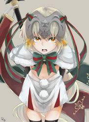 Rule 34 | 1girl, absurdres, beige background, bell, black gloves, black thighhighs, blonde hair, capelet, elbow gloves, fate/grand order, fate (series), gloves, hair ribbon, headpiece, highres, jeanne d&#039;arc (fate), jeanne d&#039;arc alter (fate), jeanne d&#039;arc alter santa lily (fate), kogeta kaori, long hair, looking at viewer, navel, open mouth, pom pom (clothes), ribbon, skirt, solo, thighhighs, yellow eyes