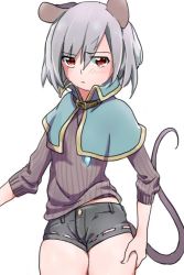 Rule 34 | 1girl, adapted costume, alternate costume, animal ears, blush, capelet, collar, grey hair, jewelry, jpeg artifacts, long sleeves, looking at viewer, mouse ears, mouse tail, nazrin, necklace, red eyes, short hair, shorts, simple background, solo, striped, sweater, tail, touhou, toujou (toujou ramen), white background