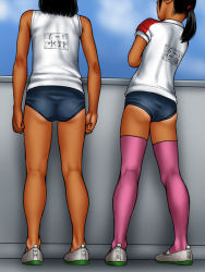 Rule 34 | 2girls, black hair, multiple girls, ponytail, running track, sandansu, socks, tagme, tan, tanline, track uniform