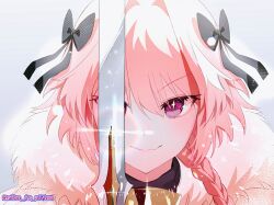 Rule 34 | 1boy, androgynous, astolfo (fate), black ribbon, braid, fang, fate/grand order, fate (series), fur trim, pink eyes, pink hair, ribbon, siho is alien, simple background, skin fang, smile, sparkling eyes, sword, trap, weapon, white background, white hair