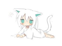Rule 34 | 1girl, @ @, animal ears, aqua eyes, arm support, barefoot, blush, cat ears, cat girl, cat tail, chibi, closed mouth, commentary, dress, full body, hair between eyes, highres, legs together, long hair, long sleeves, looking at viewer, lying, matcha ore p, on stomach, original, simple background, solo, sweat, tail, tail raised, white background, white dress, white hair, wide sleeves