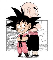 Rule 34 | 2boys, arena, bald, black eyes, black hair, black pants, boots, building, chibi, clenched teeth, commentary request, crossed arms, dougi, dragon ball, dragon ball (classic), fenyon, full body, grin, height difference, looking at another, looking back, male focus, multiple boys, outdoors, outside border, pants, profile, shadow, topless male, simple background, smile, son goku, spiked hair, standing, sweatpants, teeth, tenshinhan, twitter username, white background, wristband