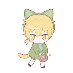 Rule 34 | 1boy, animal hat, basket, blonde hair, blue sweater, brown footwear, brown shorts, cat boy, cat hat, cat tail, chibi, closed mouth, commentary request, green hat, green jacket, hat, holding, holding basket, htt0oo, jacket, kemonomimi mode, korean commentary, limbus company, long sleeves, male focus, open clothes, open jacket, project moon, short hair, shorts, simple background, sinclair (project moon), socks, solo, sweater, tail, transparent background, turtleneck, turtleneck sweater, walking, white socks, yellow eyes