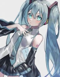 Rule 34 | 1girl, aqua eyes, aqua hair, aqua necktie, armpit crease, bare shoulders, black skirt, black sleeves, breasts, collared shirt, cowboy shot, detached sleeves, dutch angle, grey shirt, hair between eyes, hair ornament, hand on own chest, hand up, hatsune miku, headphones, highres, lace, lace-trimmed shirt, lace trim, light blush, long hair, looking at viewer, medium breasts, necktie, neon trim, nuko 0108, parted lips, pleated skirt, shirt, shoulder tattoo, sidelocks, simple background, skirt, sleeveless, sleeveless shirt, solo, straight hair, tattoo, teeth, twintails, very long hair, vocaloid, white background, wide sleeves