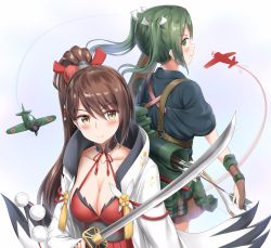 Rule 34 | &gt;:), 2girls, absurdres, aircraft, airplane, arrow (projectile), azur lane, blush, breasts, brown eyes, brown gloves, brown hair, choker, collarbone, crossover, dress, gloves, green eyes, green hair, highres, historical name connection, holding, holding sword, holding weapon, japanese clothes, kantai collection, large breasts, long hair, multiple girls, name connection, nedia (nedia region), partially fingerless gloves, partly fingerless gloves, ponytail, red dress, short sleeves, smile, sword, twintails, v-shaped eyebrows, weapon, yugake, yumi (bow), zuikaku (azur lane), zuikaku (kancolle)