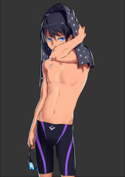 Rule 34 | 10s, 1boy, artist request, black jammers, black male swimwear, unworn eyewear, free!, goggles, grey background, holding, holding goggles, holding removed eyewear, jammers, looking at viewer, male focus, male swimwear, nanase haruka (free!), navel, simple background, swimsuit, tagme, topless male, towel