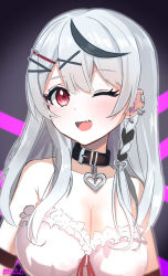 Rule 34 | 1girl, ;d, bare shoulders, black hair, braid, breasts, cleavage, collarbone, earrings, fang, grey hair, hair ornament, hairclip, heart collar, highres, hololive, jewelry, large breasts, masada mode, one eye closed, open mouth, red eyes, sakamata chloe, side braid, skin fang, smile, solo, twitter username, upper body, virtual youtuber