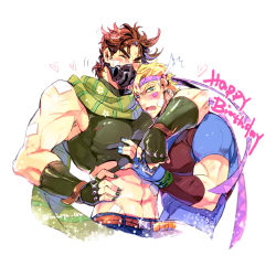 Rule 34 | 2boys, abs, annoyed, arm around shoulder, artist name, bandaid, bandaid on arm, bandaid on cheek, bandaid on face, bandaid on nose, bandaid on shoulder, bandaid on stomach, bare shoulders, battle tendency, belt, birthday, blonde hair, blue eyes, blue nails, blue shirt, blush, brown hair, caesar anthonio zeppeli, closed eyes, clothing cutout, commentary request, covered mouth, crop top, cropped torso, facial mark, feather hair ornament, feathers, fingerless gloves, fingernails, glint, gloves, green gloves, green nails, green scarf, hair ornament, hand on own hip, happy birthday, hatoyama itsuru, headband, heart, hug, jojo no kimyou na bouken, joseph joestar, joseph joestar (young), male focus, mask, midriff, mouth mask, multiple boys, muscular, muscular male, nail polish, navel, open mouth, pectorals, scarf, scratches, shirt, short hair, short sleeves, simple background, sleeveless, star (symbol), striped clothes, striped scarf, t-shirt, torn clothes, triangle print, twitter username, upper body, white background