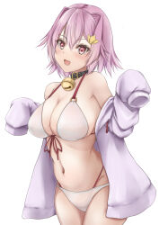 Rule 34 | 1girl, bell, bikini, blush, breasts, cleavage, cowboy shot, groin, hair between eyes, hair ornament, highres, jacket, jingle bell, kantai collection, koru pera, large breasts, navel, open clothes, open jacket, open mouth, pink hair, red eyes, short hair, simple background, sleeves past fingers, sleeves past wrists, smile, solo, swimsuit, tama (kancolle), white background, white bikini, white jacket