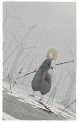 Rule 34 | 1girl, absurdres, arrow (projectile), baggy pants, bare tree, blonde hair, blood, blood on clothes, blood on snow, blouse, blue vest, commentary, full body, grey pants, hair ribbon, handprint, highres, holding, holding stick, long sleeves, looking at viewer, moriya suwako, pants, red ribbon, reisende1969, ribbon, sandals, shirt, short hair, socks, solo, stick, sword, touhou, tree, vest, weapon, white shirt, white socks, wide sleeves, winter, yellow eyes